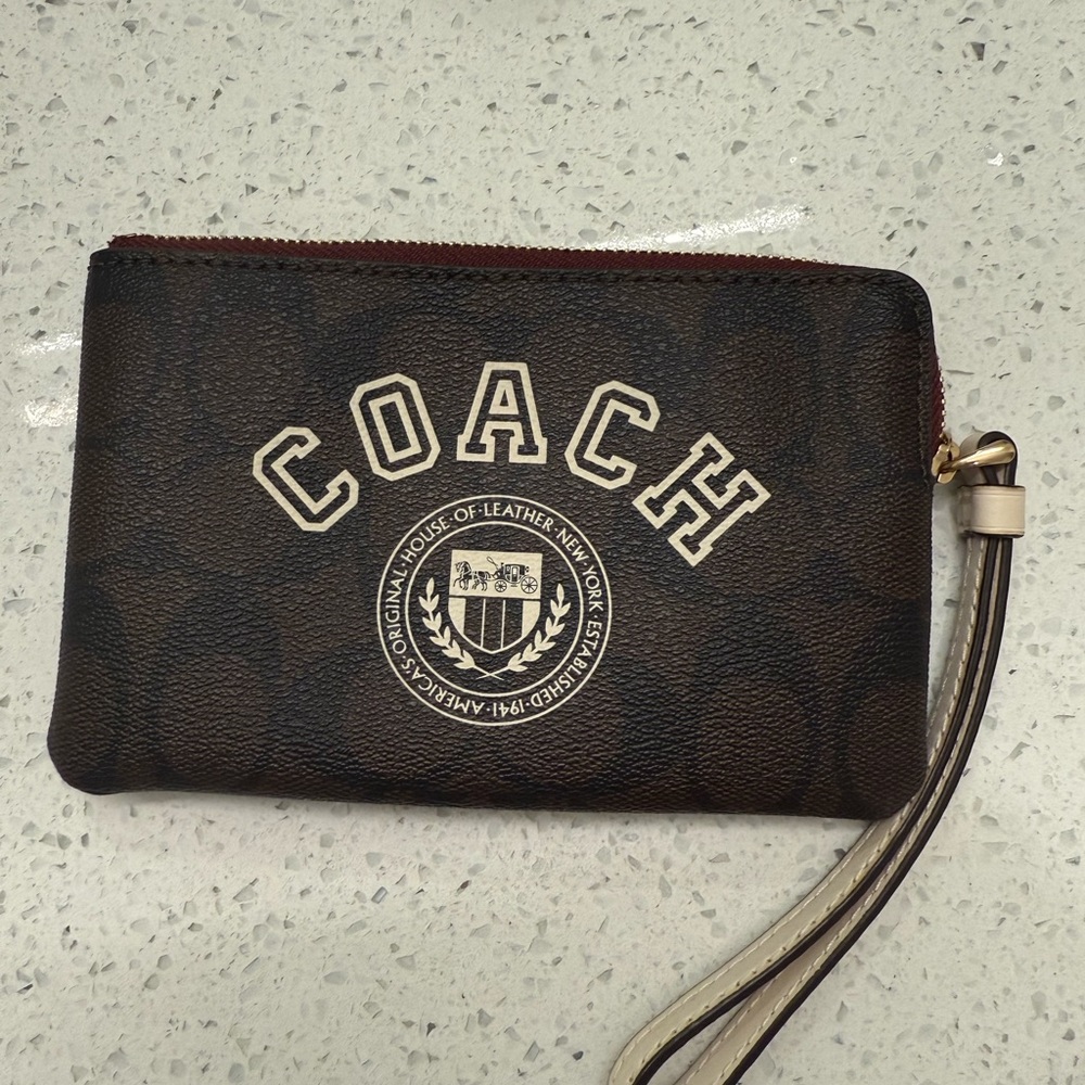 Coach Corner Zip Wristlet in Signature Canvas with Varsity Motif
